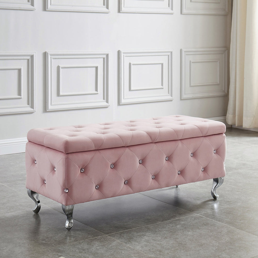 Worldwide Home Furnishings Monique-storage Ottoman - Luxurious Blush Velvet With Diamond Stitching & Hidden Storage Compartment Blush Pink,Chrome Velvet,Metal 402-130bsh