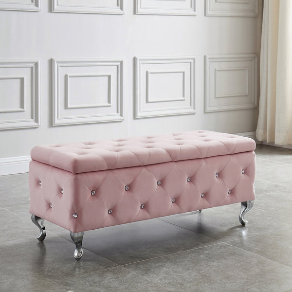 Worldwide Home Furnishings Monique-storage Ottoman - Luxurious Blush Velvet With Diamond Stitching & Hidden Storage Compartment Blush Pink,Chrome Velvet,Metal 402-130bsh