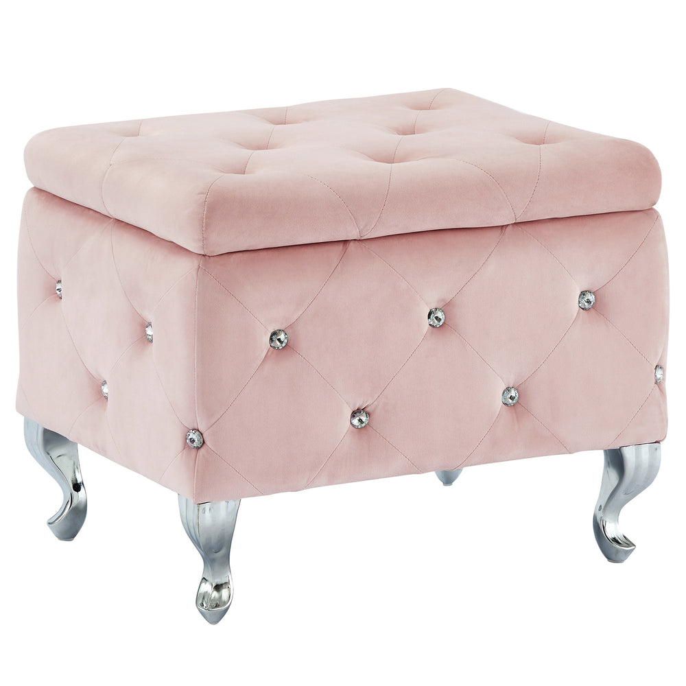 Worldwide Home Furnishings Monique-sm Luxurious Storage Ottoman With Diamond Stitching And Crystal Button Tufting For Chic Décor Blush Pink,Chrome Velvet,Metal 402-130sm-bsh