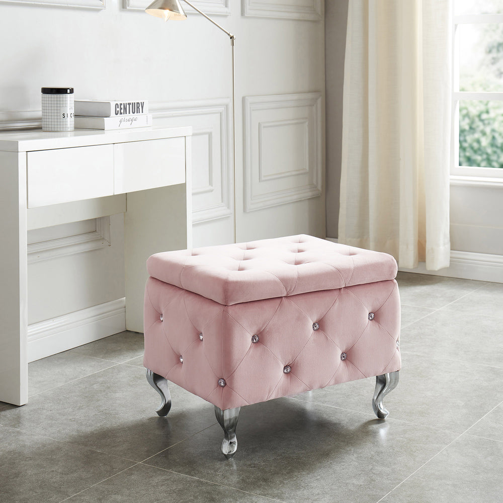 Worldwide Home Furnishings Monique-sm Luxurious Storage Ottoman With Diamond Stitching And Crystal Button Tufting For Chic Décor Blush Pink,Chrome Velvet,Metal 402-130sm-bsh