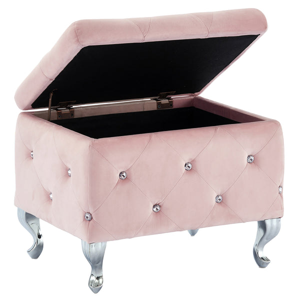 Worldwide Home Furnishings Monique-sm Luxurious Storage Ottoman With Diamond Stitching And Crystal Button Tufting For Chic Décor Blush Pink,Chrome Velvet,Metal 402-130sm-bsh
