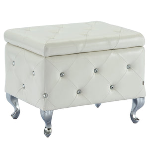 Worldwide Home Furnishings Monique-sm Luxurious Storage Ottoman With Diamond Stitching And Crystal Button Tufting For Chic Décor White,Chrome Faux Leather,Metal 402-130sm-wt