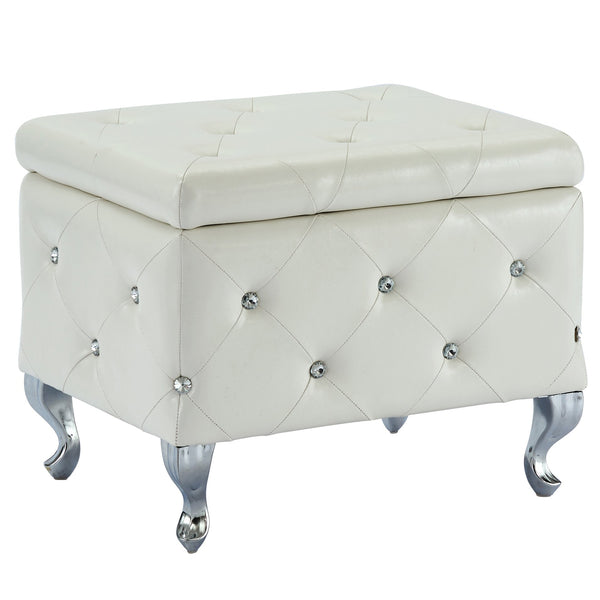 Worldwide Home Furnishings Monique-sm Luxurious Storage Ottoman With Diamond Stitching And Crystal Button Tufting For Chic Décor White,Chrome Faux Leather,Metal 402-130sm-wt