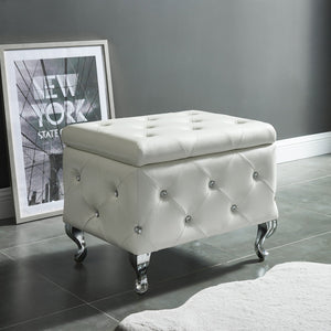 Worldwide Home Furnishings Monique-sm Luxurious Storage Ottoman With Diamond Stitching And Crystal Button Tufting For Chic Décor White,Chrome Faux Leather,Metal 402-130sm-wt