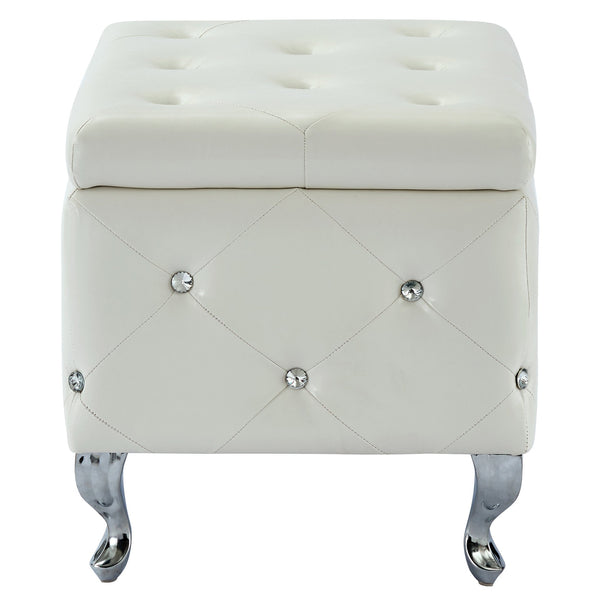 Worldwide Home Furnishings Monique-sm Luxurious Storage Ottoman With Diamond Stitching And Crystal Button Tufting For Chic Décor White,Chrome Faux Leather,Metal 402-130sm-wt