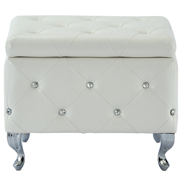 Worldwide Home Furnishings Monique-sm Luxurious Storage Ottoman With Diamond Stitching And Crystal Button Tufting For Chic Décor White,Chrome Faux Leather,Metal 402-130sm-wt