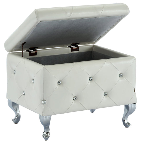 Worldwide Home Furnishings Monique-sm Luxurious Storage Ottoman With Diamond Stitching And Crystal Button Tufting For Chic Décor White,Chrome Faux Leather,Metal 402-130sm-wt