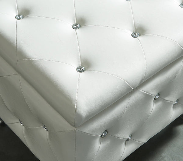 Worldwide Home Furnishings Monique-sm Luxurious Storage Ottoman With Diamond Stitching And Crystal Button Tufting For Chic Décor White,Chrome Faux Leather,Metal 402-130sm-wt