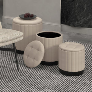 Worldwide Home Furnishings Lexi-3pc Storage Ottoman Set - Stylish Seating With Ample Storage For A Clutter-free Living Space Beige,Black Fabric,Stainless Steel 402-173bg_Bk