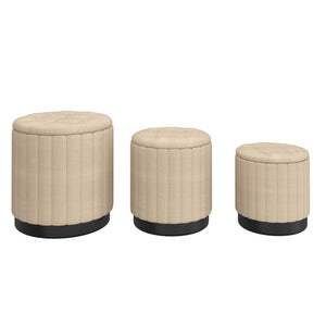 !nspire Lexi 3 Piece Storage Ottoman Set Beige/Black Fabric/Stainless Steel