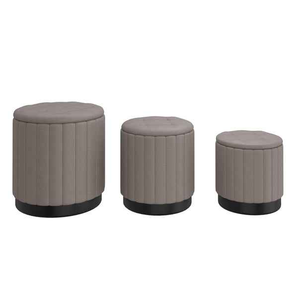 Worldwide Home Furnishings Lexi-3pc Storage Ottoman Set - Stylish Seating With Ample Storage For A Clutter-free Living Space Warm Grey,Black Fabric,Stainless Steel 402-173gy_Bk