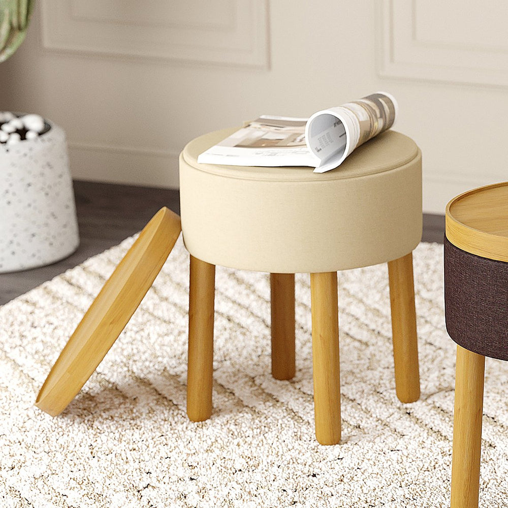 Worldwide Home Furnishings Polly-storage Versatile Round Ottoman With Tray, Sturdy Legs, And Hidden Storage For Home Decor Beige,Natural Fabric,Wood 402-687bg_Nt