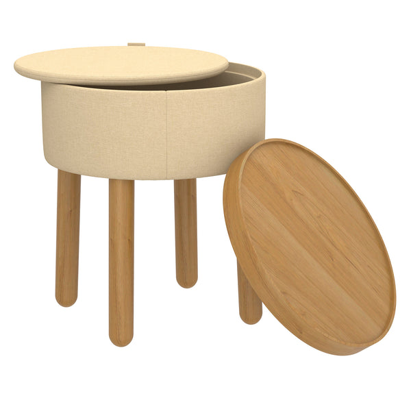 Worldwide Home Furnishings Polly-storage Versatile Round Ottoman With Tray, Sturdy Legs, And Hidden Storage For Home Decor Beige,Natural Fabric,Wood 402-687bg_Nt