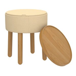 Worldwide Home Furnishings Polly-storage Versatile Round Ottoman With Tray, Sturdy Legs, And Hidden Storage For Home Decor Beige,Natural Fabric,Wood 402-687bg_Nt