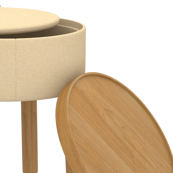 Worldwide Home Furnishings Polly-storage Versatile Round Ottoman With Tray, Sturdy Legs, And Hidden Storage For Home Decor Beige,Natural Fabric,Wood 402-687bg_Nt