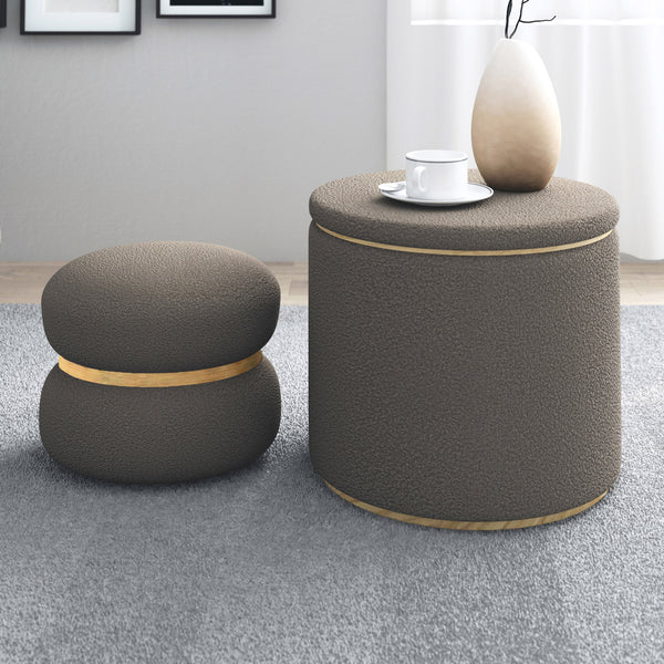 Worldwide Home Furnishings Cecily-2pc Stylish Ottoman Set With Storage And Serving Tray - Elevate Your Living Room Decor! Warm Grey Boucle Fabric,Wood 402-951wgy