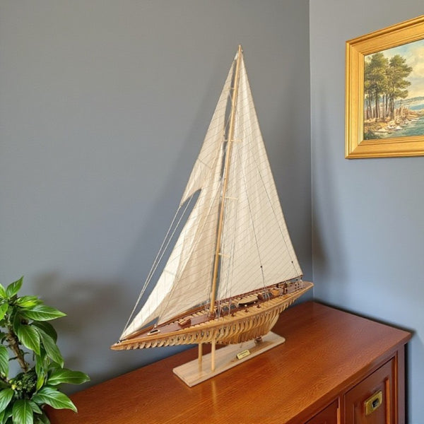 46 Inch Handcrafted Solid Wood Sailboat Model Decor Piece for Coastal Living Spaces