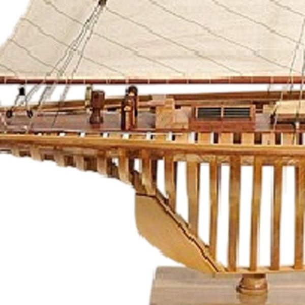 46 Inch Handcrafted Solid Wood Sailboat Model Decor Piece for Coastal Living Spaces