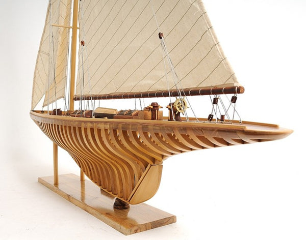 46 Inch Handcrafted Solid Wood Sailboat Model Decor Piece for Coastal Living Spaces