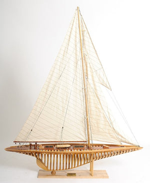 46 Inch Handcrafted Solid Wood Sailboat Model Decor Piece for Coastal Living Spaces