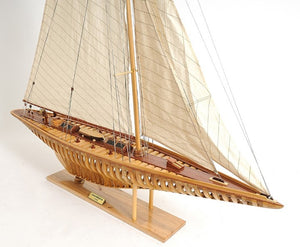 46 Inch Handcrafted Solid Wood Sailboat Model Decor Piece for Coastal Living Spaces