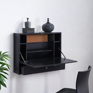 HomeRoots 26" Black Wood Wall-Mounted Folding Desk - Space-Saving Design with Organized Storage for Small Areas 402012