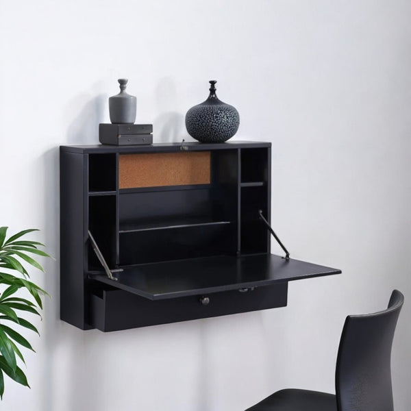HomeRoots 26" Black Wood Wall-Mounted Folding Desk - Space-Saving Design with Organized Storage for Small Areas 402012