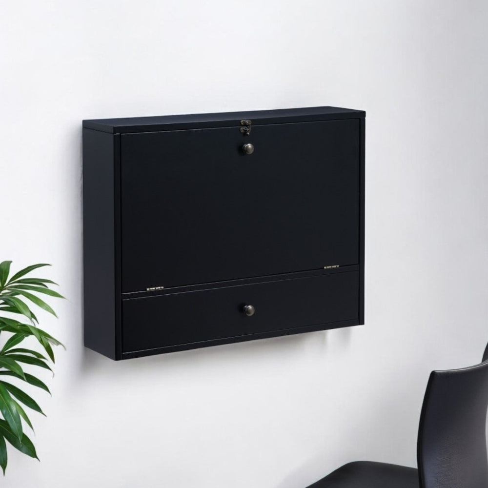 HomeRoots 26" Black Wood Wall-Mounted Folding Desk - Space-Saving Design with Organized Storage for Small Areas 402012