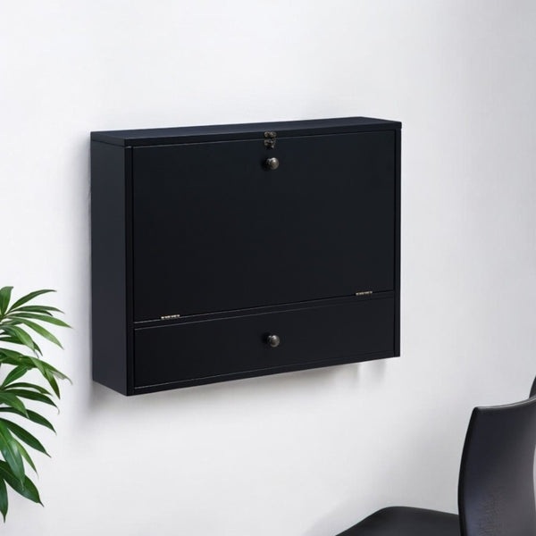 HomeRoots 26" Black Wood Wall-Mounted Folding Desk - Space-Saving Design with Organized Storage for Small Areas 402012