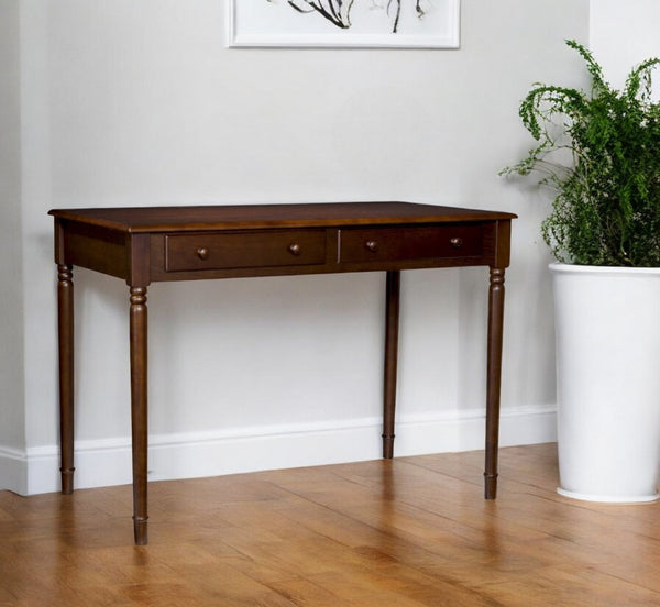 HomeRoots 43" Brown Solid Wood Writing Desk - Classic Style with Two Drawers for Home Office & Compact Spaces 402018