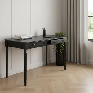 HomeRoots 43" Black Fir Solid Wood Writing Desk – Stylish Compact Design with Two Storage Drawers for Home Use 402019
