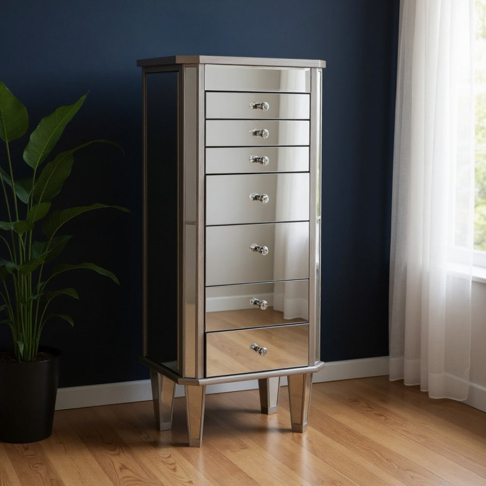 HomeRoots 18" Silver Mirrored Writing Desk with 7 Drawers, Lift-Top Beauty Mirror & Glamorous Storage Solutions 402023