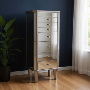 HomeRoots 18" Silver Mirrored Writing Desk with 7 Drawers, Lift-Top Beauty Mirror & Glamorous Storage Solutions 402023