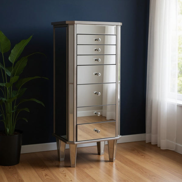 HomeRoots 18" Silver Mirrored Writing Desk with 7 Drawers, Lift-Top Beauty Mirror & Glamorous Storage Solutions 402023
