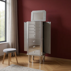 HomeRoots 18" Silver Mirrored Writing Desk with 7 Drawers, Lift-Top Beauty Mirror & Glamorous Storage Solutions 402023