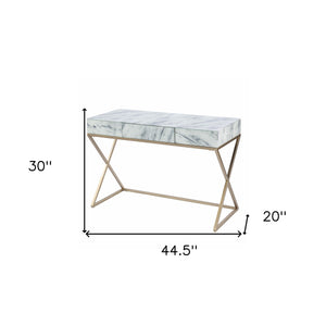 Homeroots 45" White And Bronze Glass Writing Desk With Two Drawers   402028