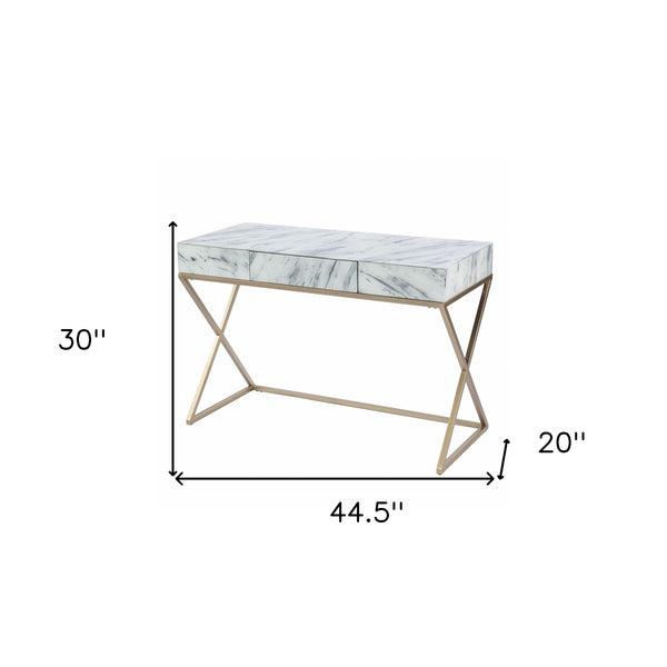 Homeroots 45" White And Bronze Glass Writing Desk With Two Drawers   402028
