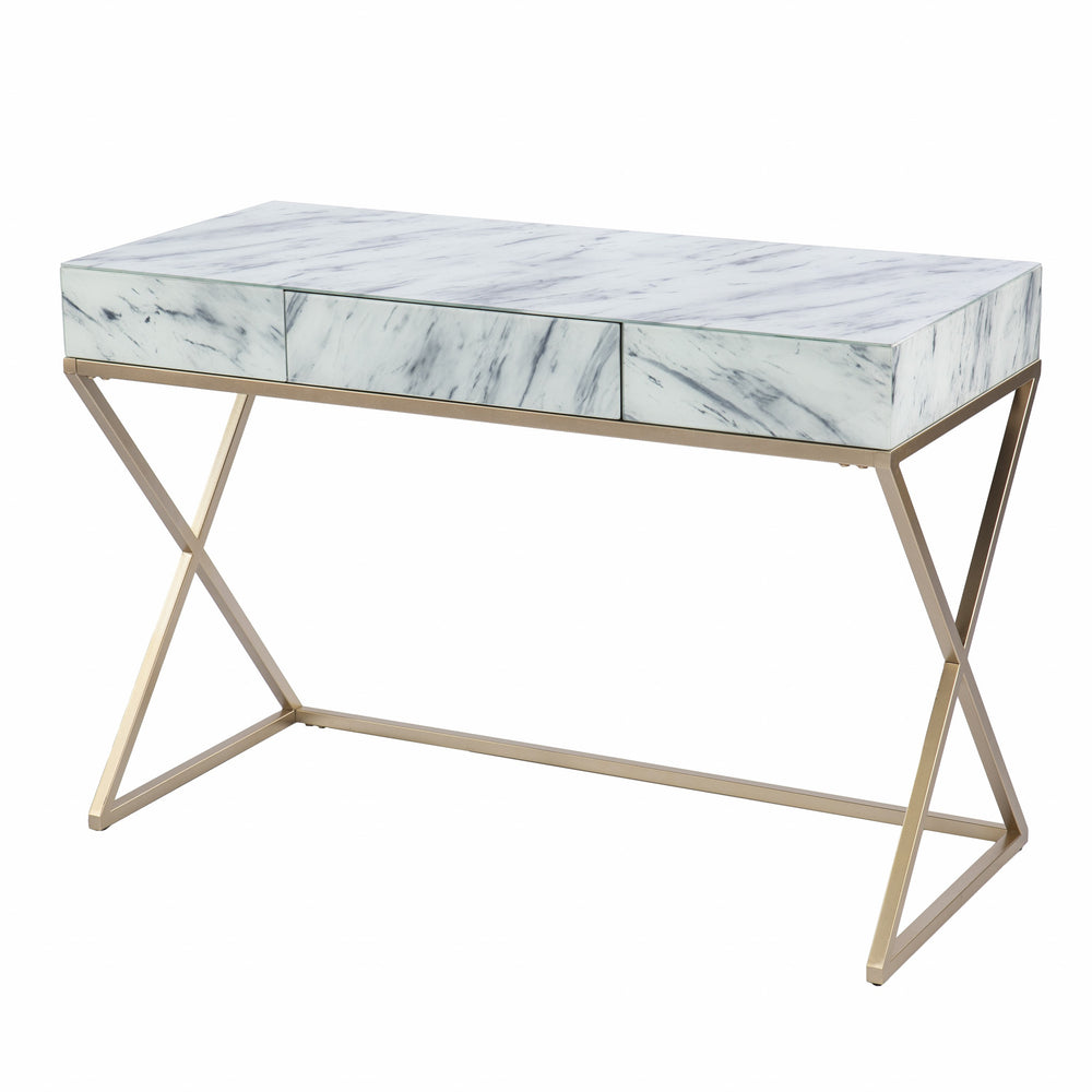 Homeroots 45" White And Bronze Glass Writing Desk With Two Drawers   402028