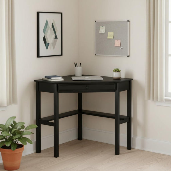 HomeRoots Black Corner Computer Desk - Sleek L-Shaped Design with Integrated Storage & Cable Management Features 402032
