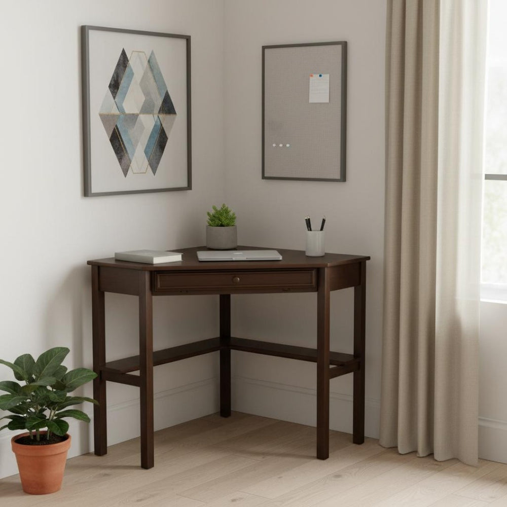 HomeRoots Espresso Corner Computer Desk - Compact L-Shaped Workspace with Cord Management & Storage Drawer 402033