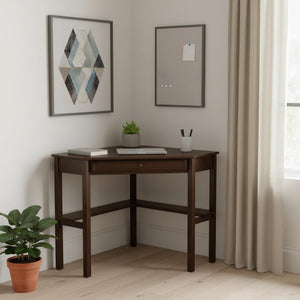 HomeRoots Espresso Corner Computer Desk - Compact L-Shaped Workspace with Cord Management & Storage Drawer 402033