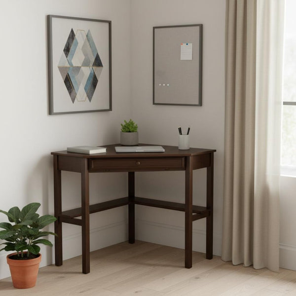 HomeRoots Espresso Corner Computer Desk - Compact L-Shaped Workspace with Cord Management & Storage Drawer 402033