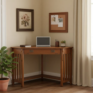 HomeRoots Mission Oak Corner Computer Desk - Stylish, Space-Saving Design with Storage & Cable Management Solutions 402034