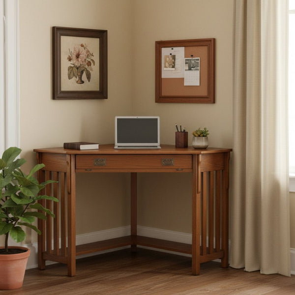HomeRoots Mission Oak Corner Computer Desk - Stylish, Space-Saving Design with Storage & Cable Management Solutions 402034