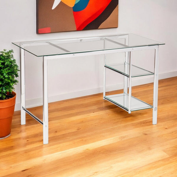 HomeRoots 47" Modern Clear Glass and Silver Metal Writing Desk with Stylish Shelves for Home Office Elegance 402038