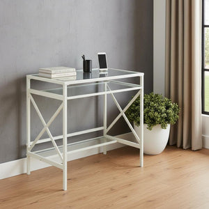 HomeRoots 29" Clear Glass Writing Desk with White Frame - Stylish, Compact Workstation for Modern Spaces 402042
