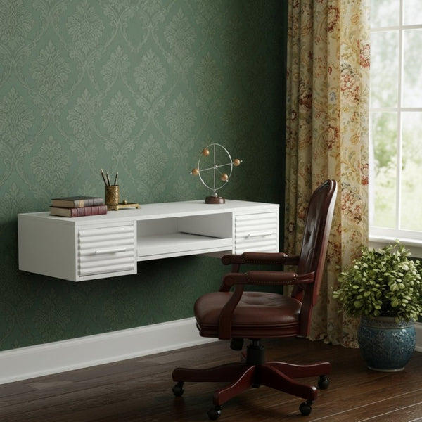 HomeRoots White Scandinavian Floating Desk with Drawers – Sleek Wall-Mount Design for Small Spaces & Storage 402063