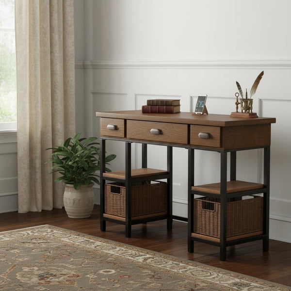 HomeRoots 42" Stylish Gray and Black Writing Desk with 3 Drawers for Compact Spaces, Perfect Home Office Setup 402069