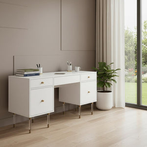 HomeRoots 55" White Writing Desk – Elegant Design with Four Storage Drawers for Your Home Office or Study 402071