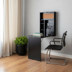HomeRoots 22" Black Secretary Desk - Elegant Space-Saving Workstation with Integrated Bookcase & Organizers 402078